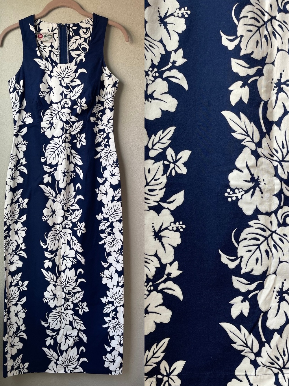 100% cotton Vintage 1990’s Hilo Hattie Navy & White Floral Maxi Dress